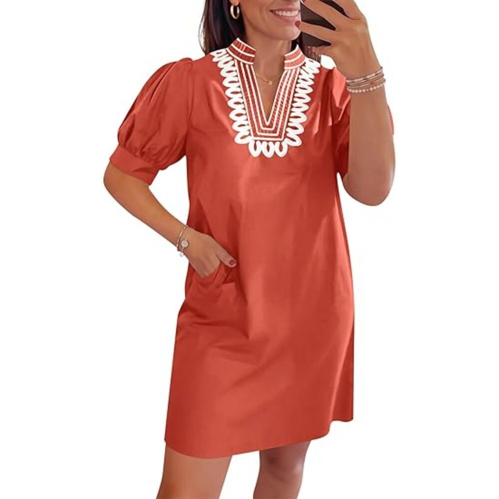 Women Brick Red V Neck A Line Short Sleeve A Line  Embroidered Boho Short Dress